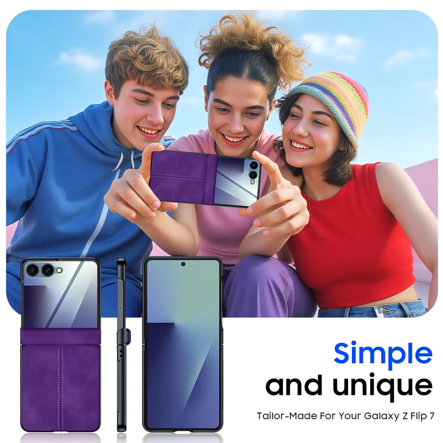 BANGZAO Schutzhülle für Galaxy Z Flip 6, Z Flip 7 und Z Flip 7FE mit integriertem Displayschutz und Scharnierschutz, ultradünne matte PU-Leder Handyhülle, Lila - Bild 6