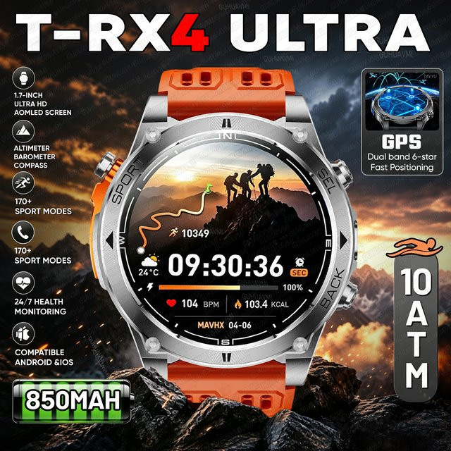 GUHUAVMI T-RX4 Ultra Outdoor-Sport-Smartwatch in Schwarz mit GPS, Kompass, Höhenmesser und Barometer, 10ATM wasserdicht, Militär-Smartwatch für Herren - Bild 1