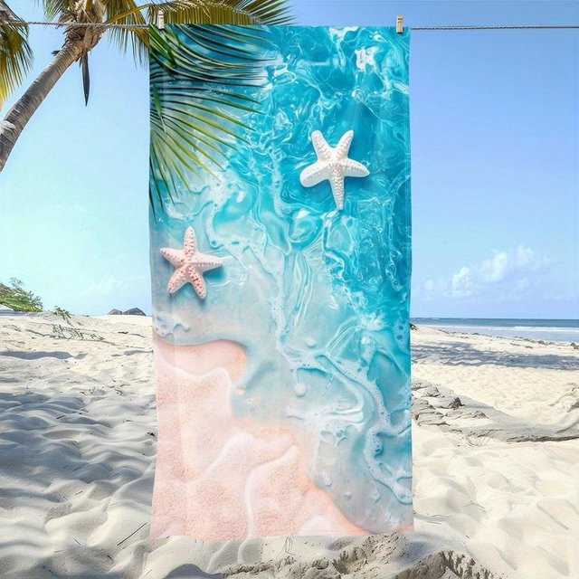 Ozeanwelle Seestern Strandtuch in Blau und Rosa, schnelltrocknendes und sandfreies Mikrofaser Badetuch für Pool und Sommer, Breite: 30 cm, Höhe: 60 cm - Bild 1