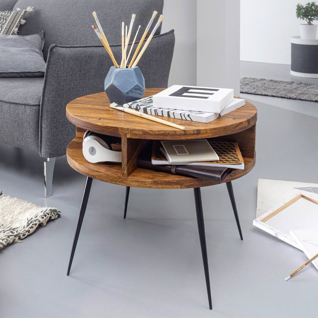 FineBuy Couchtisch aus Sheesham Massivholz rund in Braun mit modernem Design, Durchmesser: 60 cm, Höhe: 50 cm - Bild 1