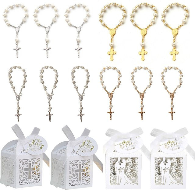 Weiße Kreuz Pralinenschachtel mit Rosenkranz Perlen aus Papier für Ostern, Geburtstag, Hochzeit oder Taufe - Bild 1