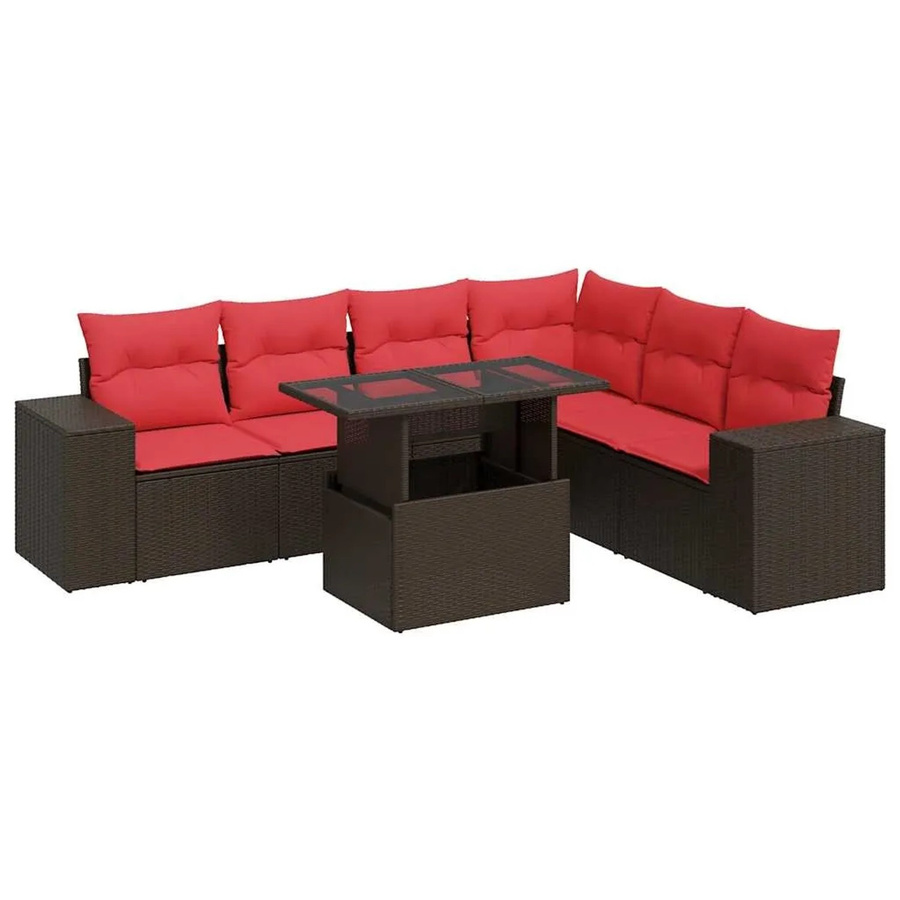 vidaXL 7-teilige Garten-Sofagarnitur in L-Form aus braunem Poly-Rattan mit Kissen und Akazie-Elementen - Bild 2
