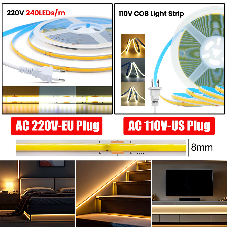 HEGEHE COB LED Streifen Licht mit 240 LEDs/m, Weiß, AC 220 V, flexibles Band für Indoor Home Decor - Bild 3