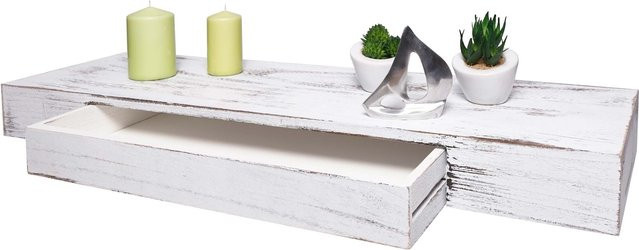 MCW Wandregal H37 mit Schublade aus Massiv-Holz in Weiß Shabby-Look, B/H/T: 80 x 8 x 25 cm - Bild 1