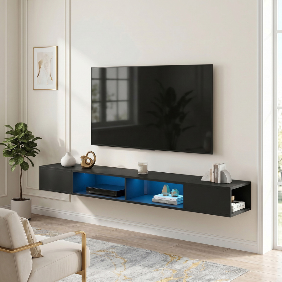 HOMCOM Wand-TV-Möbel in Schwarz mit RGB-LED-Beleuchtung und offenen Regalen für Fernseher bis 190,5 cm, Breite: 180 cm - Bild 2