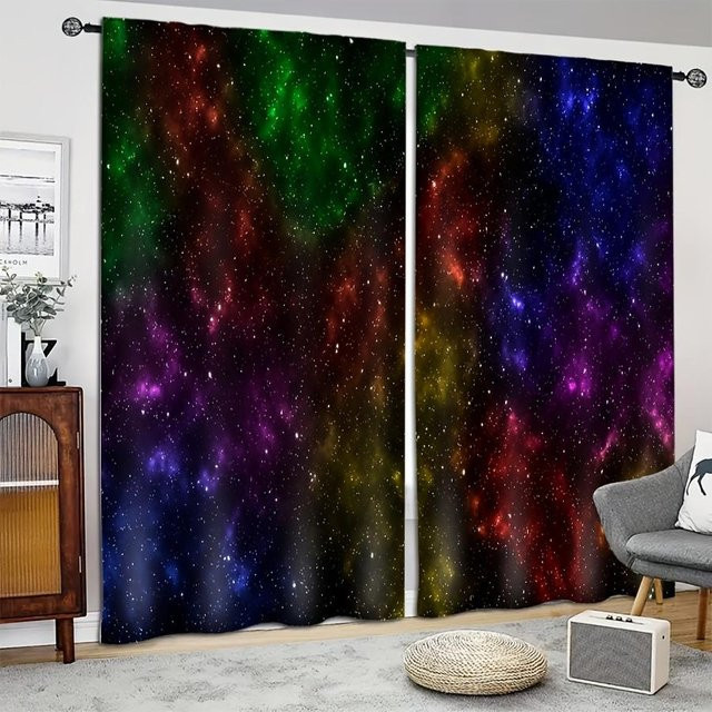 2er-Set Galaxy Vorhänge mit glänzenden Sternen und Sternenhimmel-Print, halbtransparent, Mehrfarbig, Breite: 65 cm, Höhe: 60 cm - Bild 1