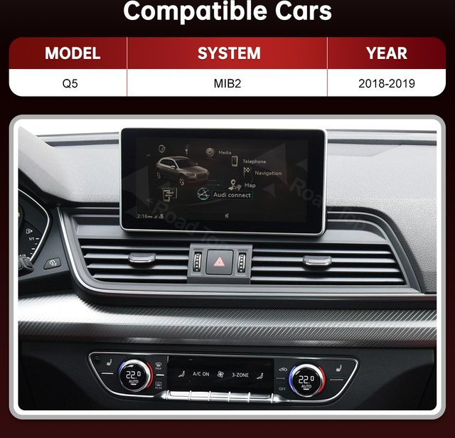 RoadTop Kabelloses CarPlay und Android Auto Multimedia-System für Audi Q5 2018-2019 MIB2 mit 12,3 Zoll Display in Schwarz - Bild 1