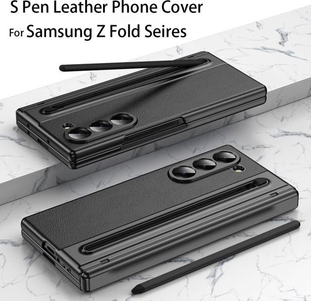 veekhool Leder-Handyhülle mit S Pen Halterung, Scharnierschutz und Displayschutz für Samsung Galaxy Fold6, Fold5 und Fold4 in Schwarz und Gold - Bild 1