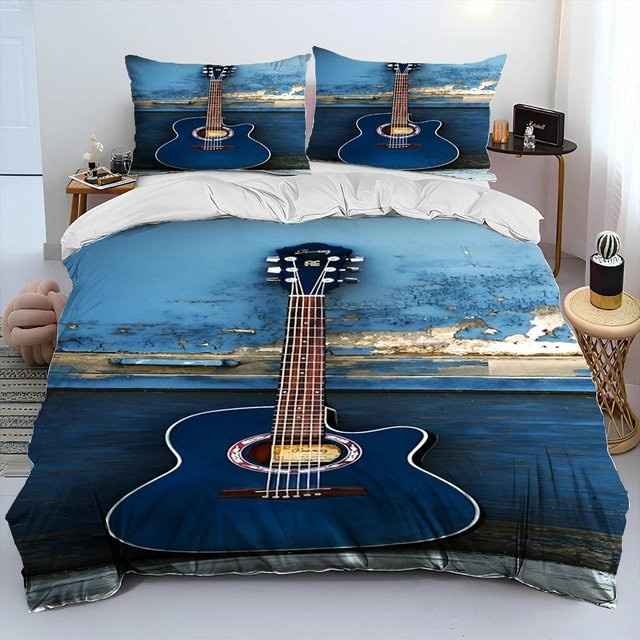 Bettwäsche-Set mit klassischer Elektrischer Gitarre im 3D-Design, atmungsaktives Baumwollbettlaken aus Mikrofaser, Farbe Blau, B/H: 140 x 210 cm - Bild 1