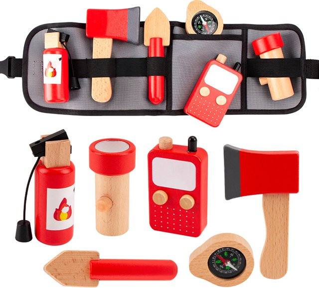 Lee's Sharing Feuerwehr Werkzeug Set aus Holz mit Taillentasche für Kinder ab 3 Jahren, Pädagogisches Rollenspiel Spielzeug in Natur und Bunt - Bild 1