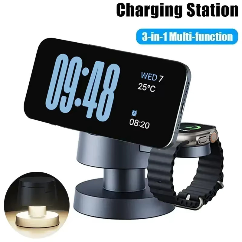 XIKCU Magnetisches kabelloses Ladegerät mit LED-Lichtständer für MagSafe iPhone 17 16 15 14 13 12 Apple Watch und AirPods Pro als Schnellladestation in Schwarz und Multicolour - Bild 3