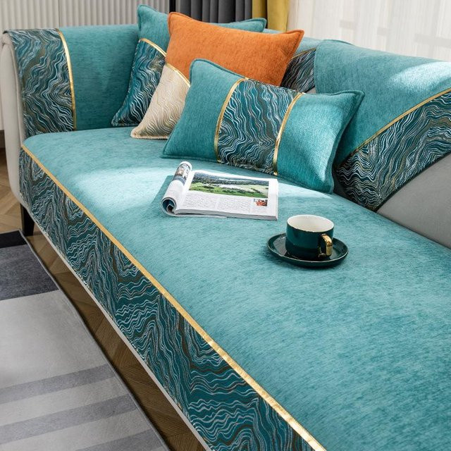 Rutschfester L-förmiger Ecksofa-Bezug aus Samt in Türkis mit Marmor-Optik, Breite: 70 cm, Breite: 70 cm - Bild 1