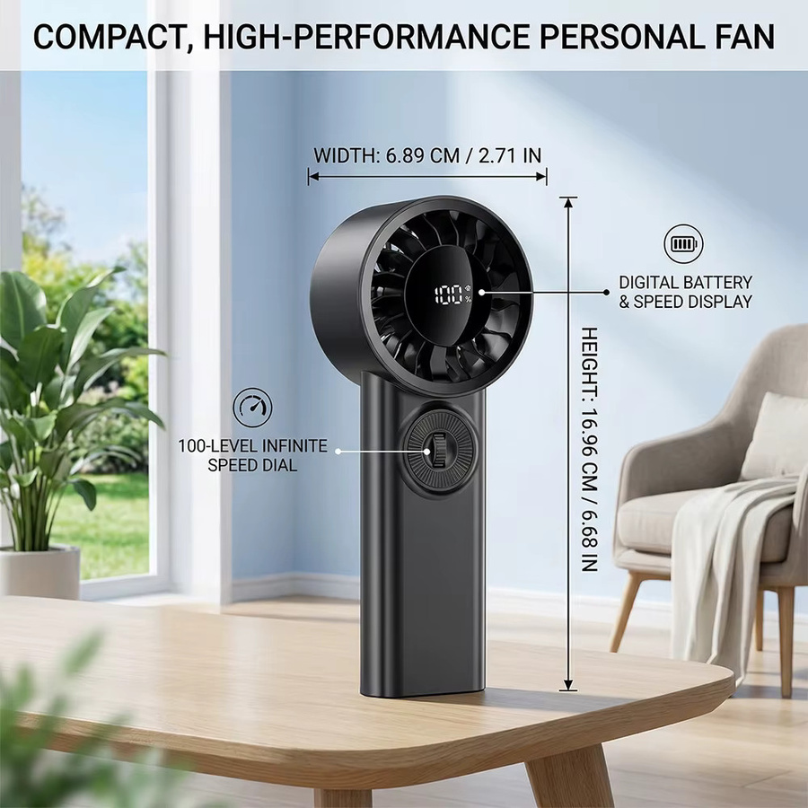 LIPETY Handgehaltener Turbo-Ventilator in Schwarz mit 100 Geschwindigkeitsstufen und Digitalanzeige, tragbarer Mini-Lüfter mit Akku für Reisen und Outdoor - Bild 2
