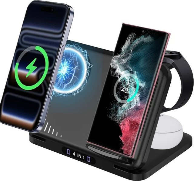 VIKEFON 3-in-1 Kabellose Ladestation Schwarz Weiß Faltbare Schnellladestation für Samsung S26 S25 S24 Smartphone, Smartwatch und Ohrhörer - Bild 1