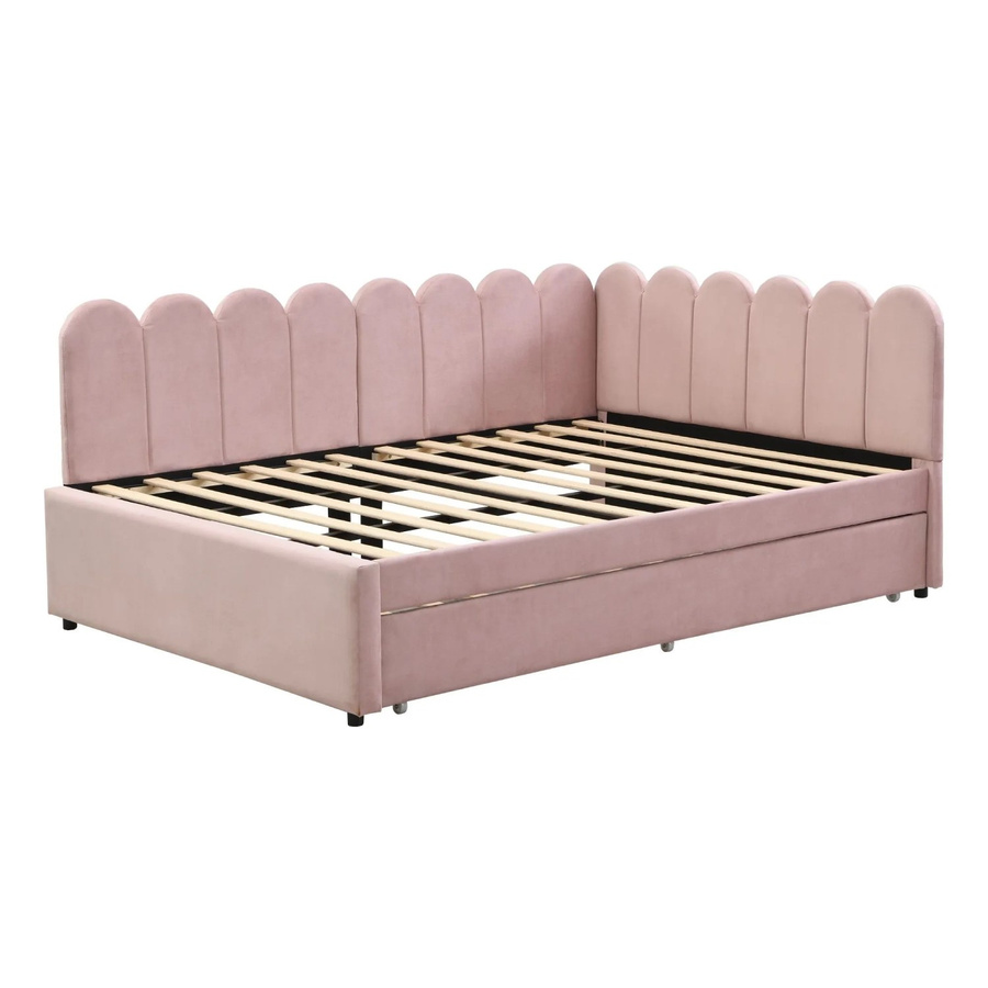 KOMHTOM L-förmiges Polsterbett Schlafsofa mit Ausziehbett und geblümter Rückenlehne aus Samt in Rosa, B/T/H: 140 x 200 cm - Bild 2