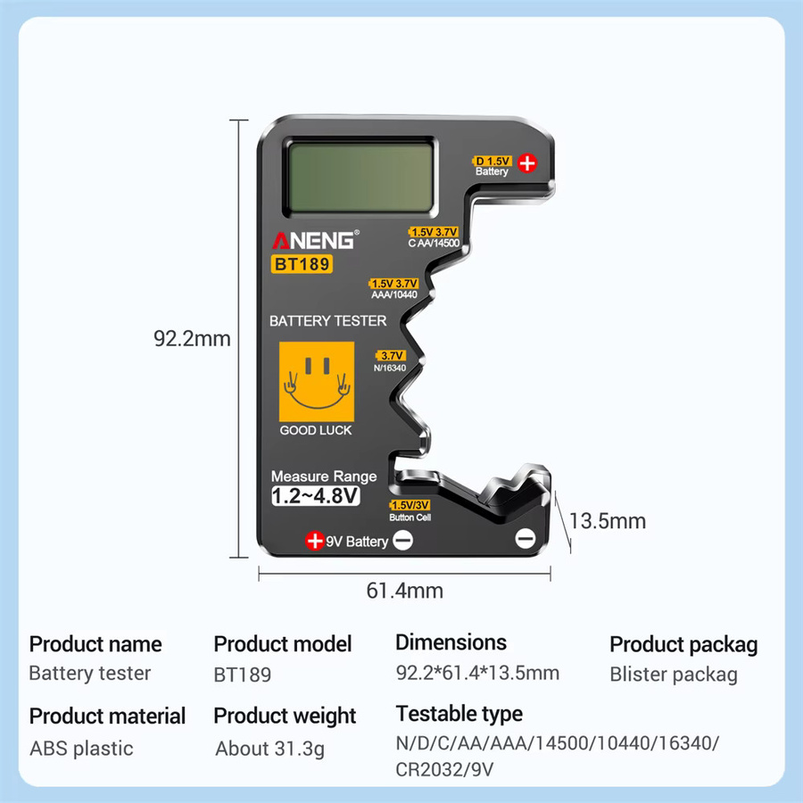 ANENG BT189 Digitaler Batterietester mit LCD-Anzeige für 9V, AAAAA und Knopfzellen in Schwarz - Bild 4