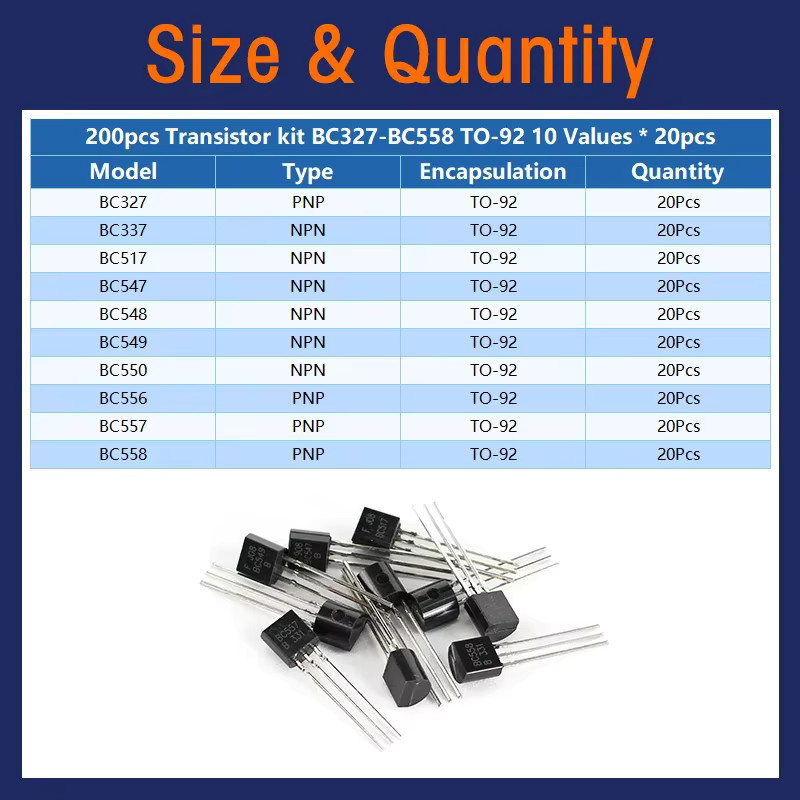 YTDMEN Transistor Kit mit 200 Stück NPN und PNP Transistoren in Schwarz, TO-92 Gehäuse, Modelle BC327 BC337 BC517 BC547 BC548 BC549 BC550 BC556 BC557 BC558 - Bild 2