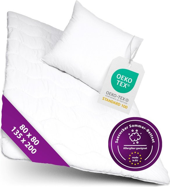 AddLiving Premium 2-in-1 Seersucker Betten Set in Weiß mit Decke und Kissen ohne Bezug nötig, Decke B: 135 cm, H: 200 cm, Kissen B: 80 cm, H: 80 cm - Bild 1