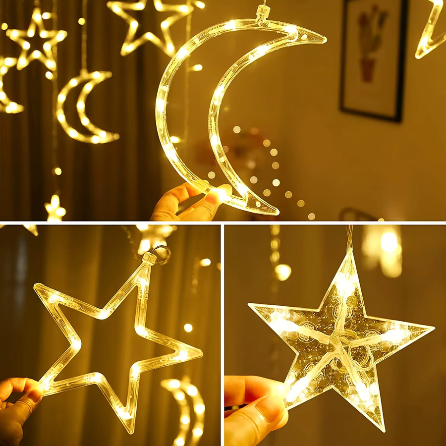 Leclstar Solarbetriebene LED-Vorhang-Lichterkette mit Stern- und Mond-Motiven in Warmweiß, 3,5 m Länge - Bild 3