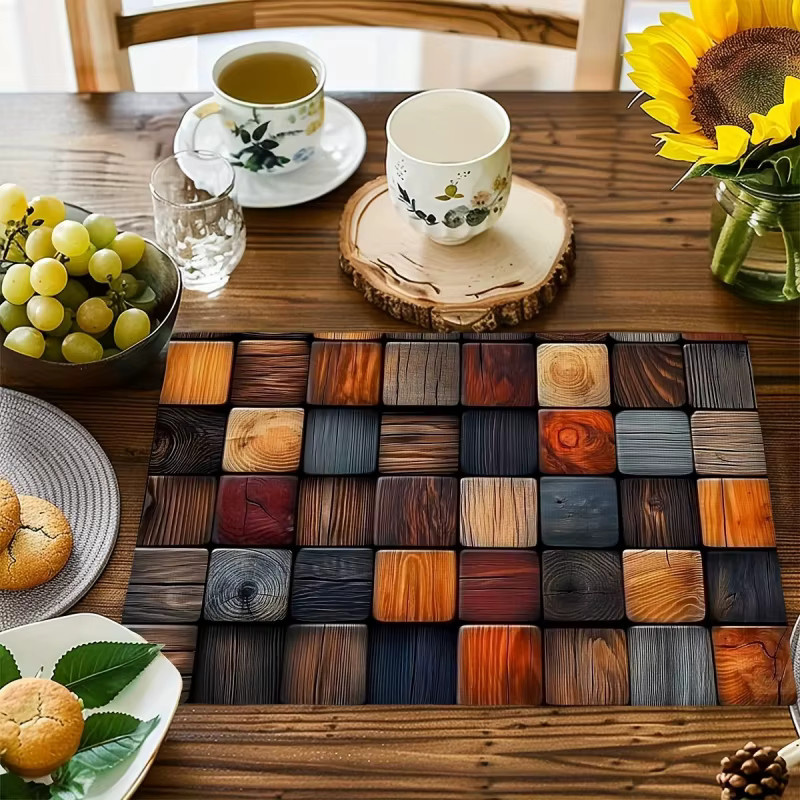 VIKAMA 4-teiliges Tischset aus Leinen im Vintage-Design mit kariertem Ölgemälde-Muster, rutschfest und mehrfarbig - Bild 2