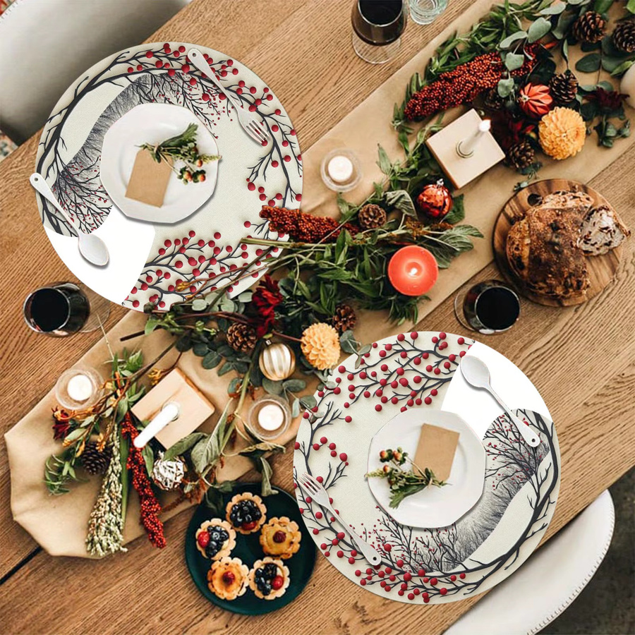 VIKAMA 4er Set Tischsets aus Leinen im nordischen Design mit Schneelandschaft und roten Beeren, rund, Mehrfarbig - Bild 4