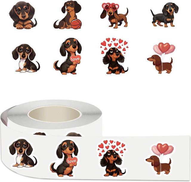 Rui Di Valentinstag Aufkleber mit 10 Designs, Niedliche Dackel Hund und Herz Motive, Wasserdichte Klebe-Siegel Etiketten für Geschenkboxen und Dekoration, Hellgrün und Mehrfarbig - Bild 1