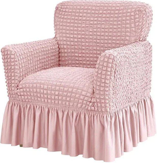 Yiran Sesselbezug Blasenraster in Beige mit Rocksaum, elastischer Strickbezug aus 100% Polyester für Sessel und Röhrensofas - Bild 1