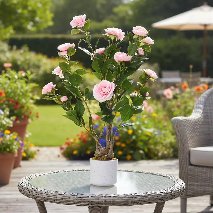 Garvee Künstliche Kamelie in Pink mit 16 Blüten im Topf, Dekorative Kunstpflanze für Innen und Außen, Höhe: 75 cm - Bild 4