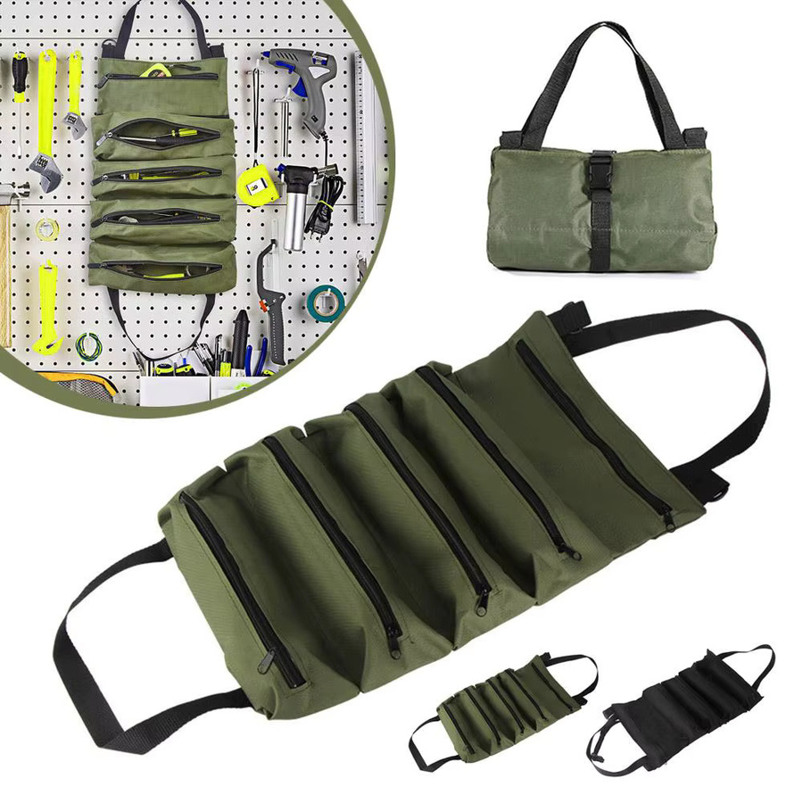 Mehrzweck-Roll-Up-Werkzeugtasche aus robustem Oxford-Canvas in Grün als faltbarer Multitool-Organizer für Elektriker und Tischler - Bild 2