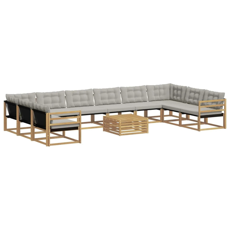 vidaXL Outdoor-Sofagarnitur in U-Form aus Akazienholz mit Textilene und Kissen, 11-teilig, Weiß-Hellgrau - Bild 2