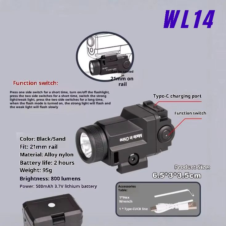 WARGAME WL14 B800 Taktische Taschenlampe aus Legierung mit Picatinny-Schienenmontage und USB-Aufladung - Bild 4