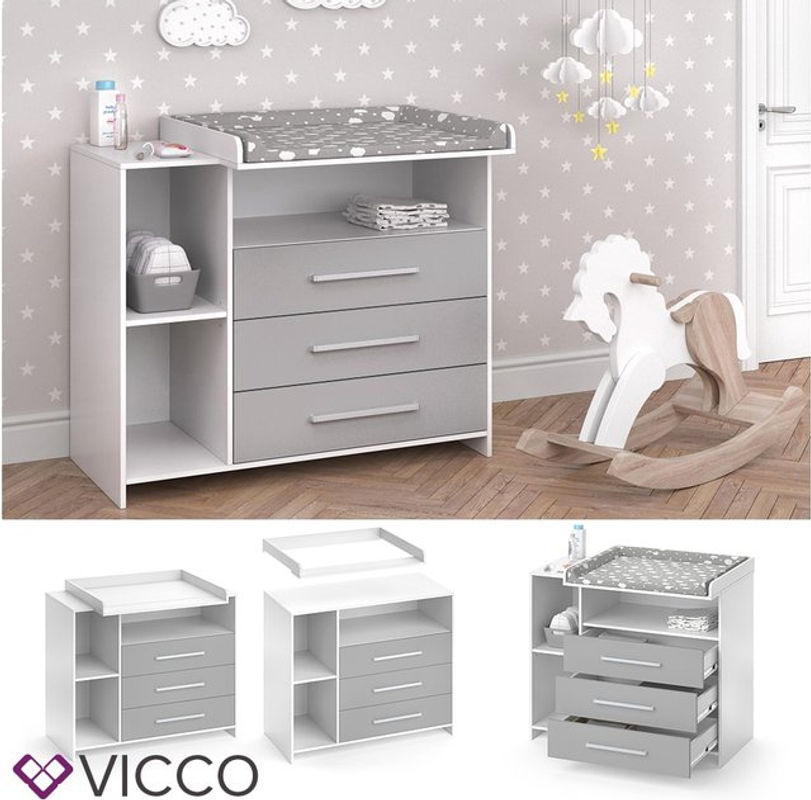 VICCO Wickelkommode OSKAR Wickelregal mit Wickelauflage in Weiß und Grau für das Babyzimmer - Bild 2