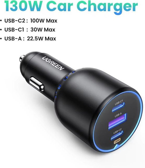 UGREEN Autoladegerät 130W mit 3 Anschlüssen USB-C und USB-A in Schwarz für Apple, Huawei und Xiaomi - Bild 1