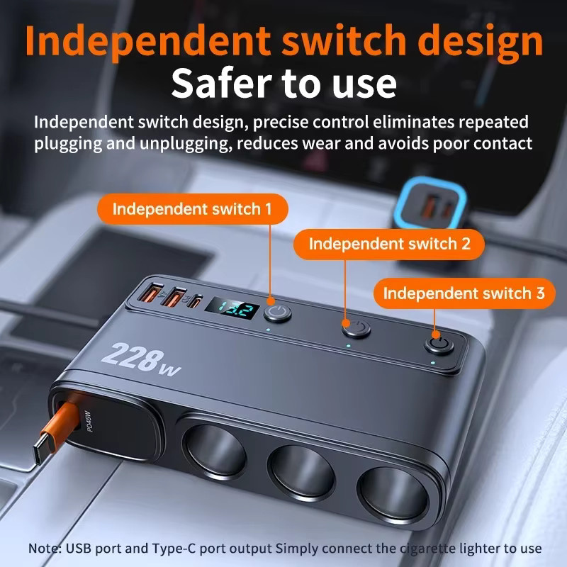 kebidumei 9 in 1 Auto Schnellladegerät Adapter mit 228 W, DC Zigarettenausgang, PD 3 Steckdose und unabhängigen Schaltern, Schwarz - Bild 4