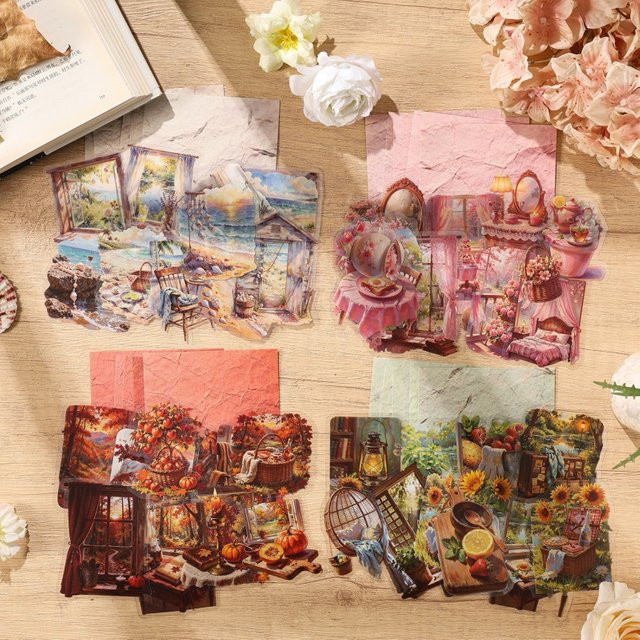 Set mit 20 Blatt Retro-Landschaftsaufklebern und Hintergrundpapier in Mehrfarbig mit verschiedenen Naturmotiven wie Bergen, Straßen und Sonnenuntergängen - Bild 1