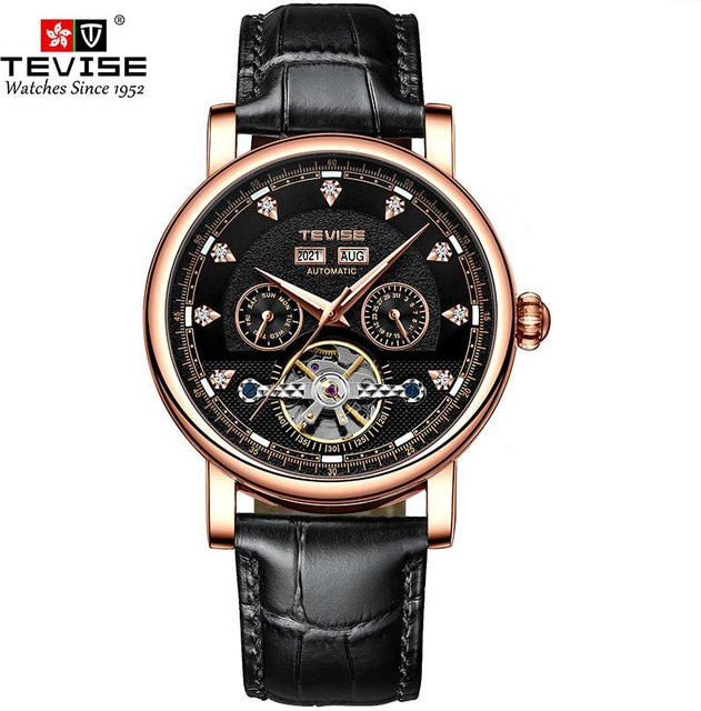 TEVISE Armbanduhr Automatik, Edelstahl, Leder, Schwarz, Herren - Bild 1