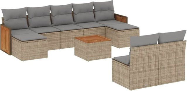 vidaXL 10-tlg. Garten-Sofagarnitur in U-Form aus Poly-Rattan und Akazienholz mit Kissen in Beige - Bild 1
