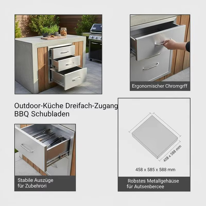 Outdoor-Küche aus Edelstahl in Grau mit drei Grill-Schubladen und Chromgriffen, B/T/H: 45,8 x 58,5 x 58,8 cm - Bild 3