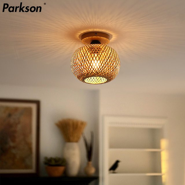 PARKSON Deckenleuchte aus Bambus und Rattan in Braun, runde Handgemachte Korbgeflecht-Lampe für Wohnzimmer, Esszimmer, Restaurant und Café - Bild 1