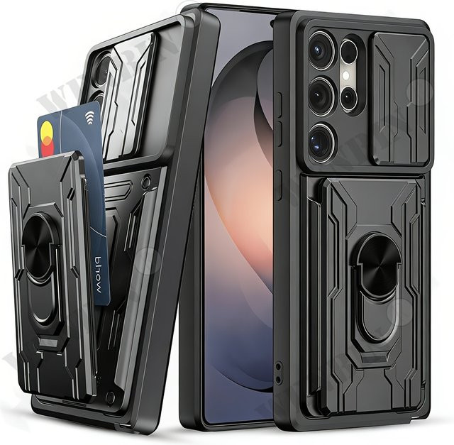 Schutzhülle für Samsung Galaxy S26 S25 Ultra Plus FE in Schwarz mit Schiebe-Ständer, Ring, magnetischem 360° Kameraschutz und Kartenfach nach Militärstandard - Bild 1