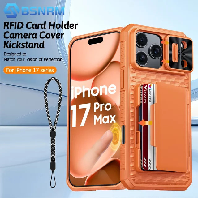 BANGZAO Geldbörse Hülle für iPhone 17 Pro Max mit Kartenhalter für 4 Karten, Kamerabdeckung und Ständer, Orange - Bild 1