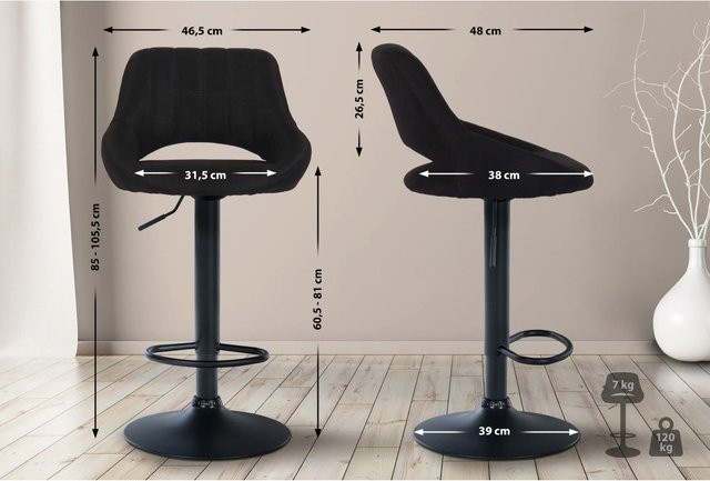 2er Set Barhocker DELUKE SEGAD in Schwarz mit Lehne und 360 Grad Drehsitz, B/T/H: 47 x 48 x 85 cm - Bild 1