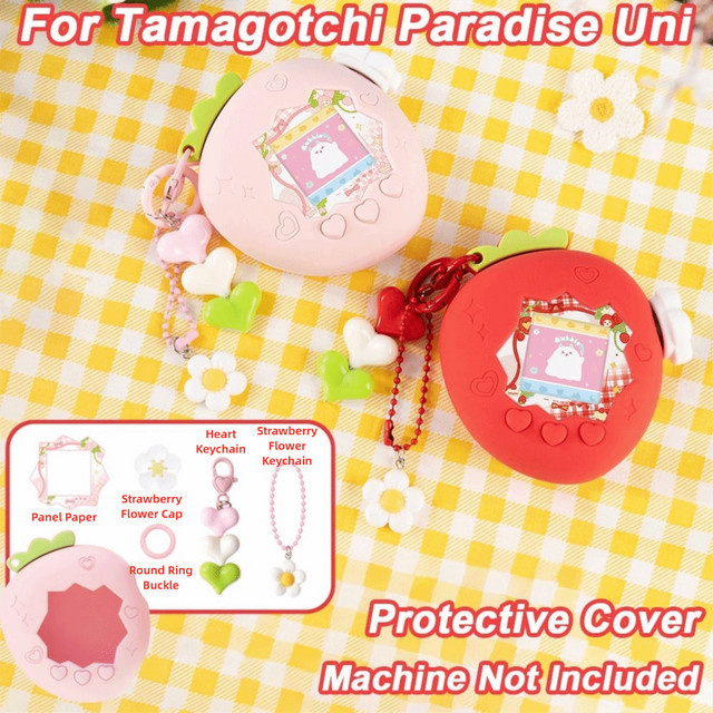 Silikon-Schutzhülle mit Panel, Papieranhänger und Knopfabdeckung im Erdbeer-Design für Tamagotchi Paradise Uni, Rot und Rosa - Bild 1
