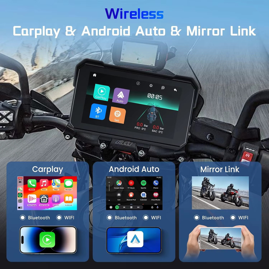 Jansite Motorrad-GPS-Navigationsdisplay mit 5 Zoll Display, CarPlay und Android Auto, Schwarz - Bild 2