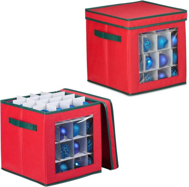 Relaxdays Weihnachtskugel-Aufbewahrungsbox aus Vliesstoff in Rot und Grün, 2er Set mit Sichtfenster und verstellbarer Aufteilung, B/T/H: 33 x 32 x 32 cm - Bild 1