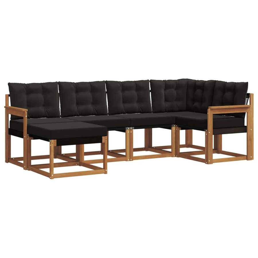 vidaXL Outdoor-Sofagarnitur 6-teilig L-Form aus Akazienholz und Textilene in Schwarz und Natur mit Kissen und Armlehnen - Bild 2