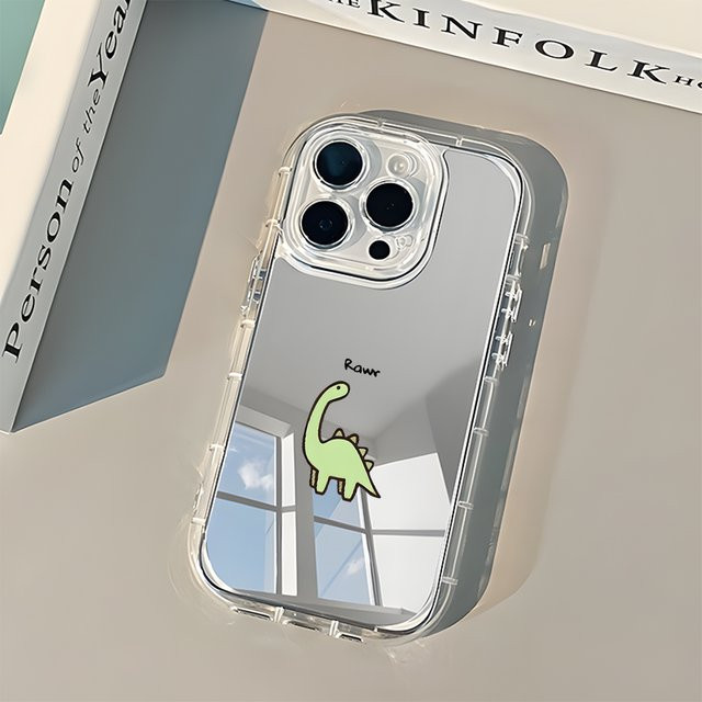 Apple iPhone Handyhülle mit grünem Dinosaurier-Muster und Rückspiegel, transparent und weich - Bild 1