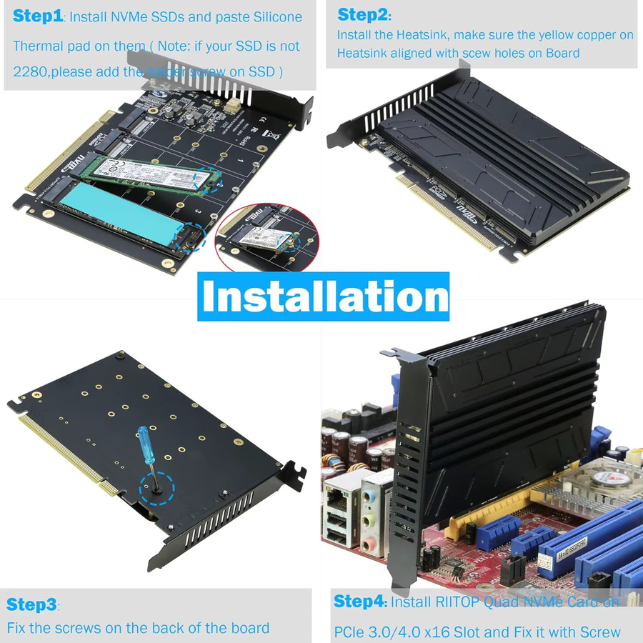 RIITOP 4-Port NVMe PCIe-Adapter zur Erweiterung von M.2 SSDs (2280/2260/2242/2230) mit Kühlkörper, Farbe: Schwarz - Bild 5