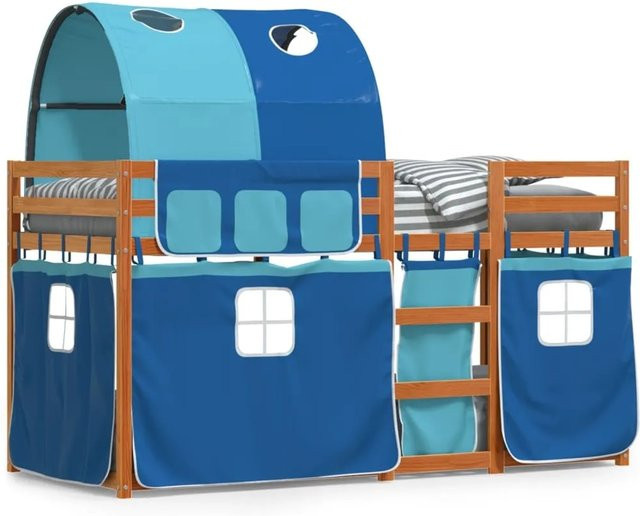 vidaXL Etagenbett für Kinder aus massivem Kiefernholz mit Vorhängen in Blau und Braun, B/T/H: 90 x 200 x 112 cm - Bild 1