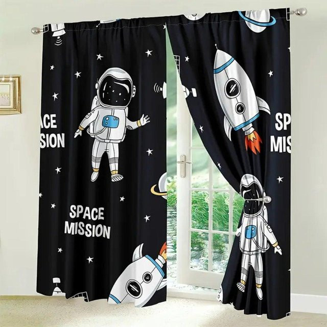 Cartoon Weltraum Vorhänge für Kinder in Schwarz, 2er-Set mit Ösen, halbtransparent, Breite: 50 cm, Höhe: 160 cm - Bild 1